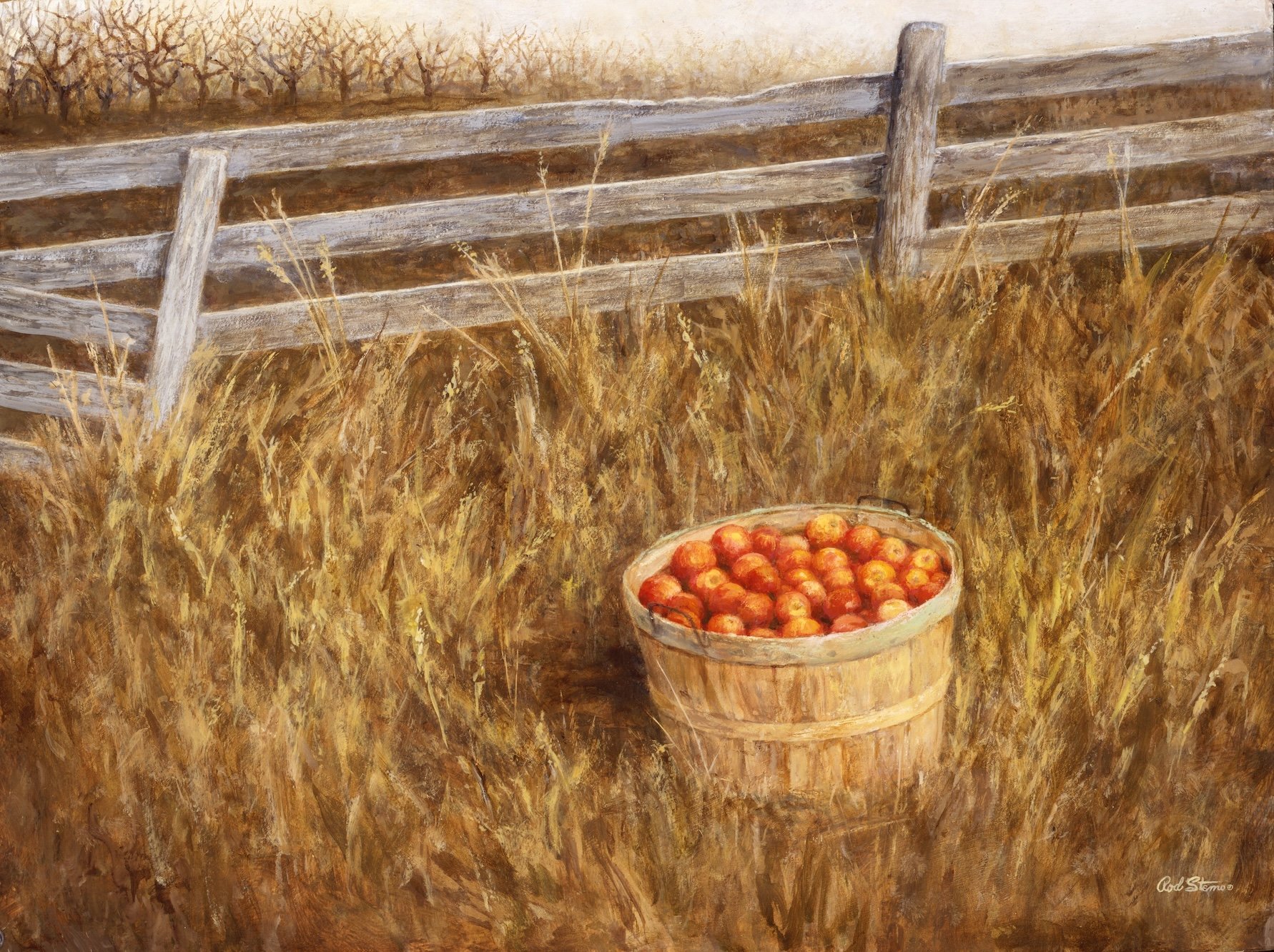 Painting of a wooden basket of red apples in a golden field in front of a wooden fence with bare trees in the background