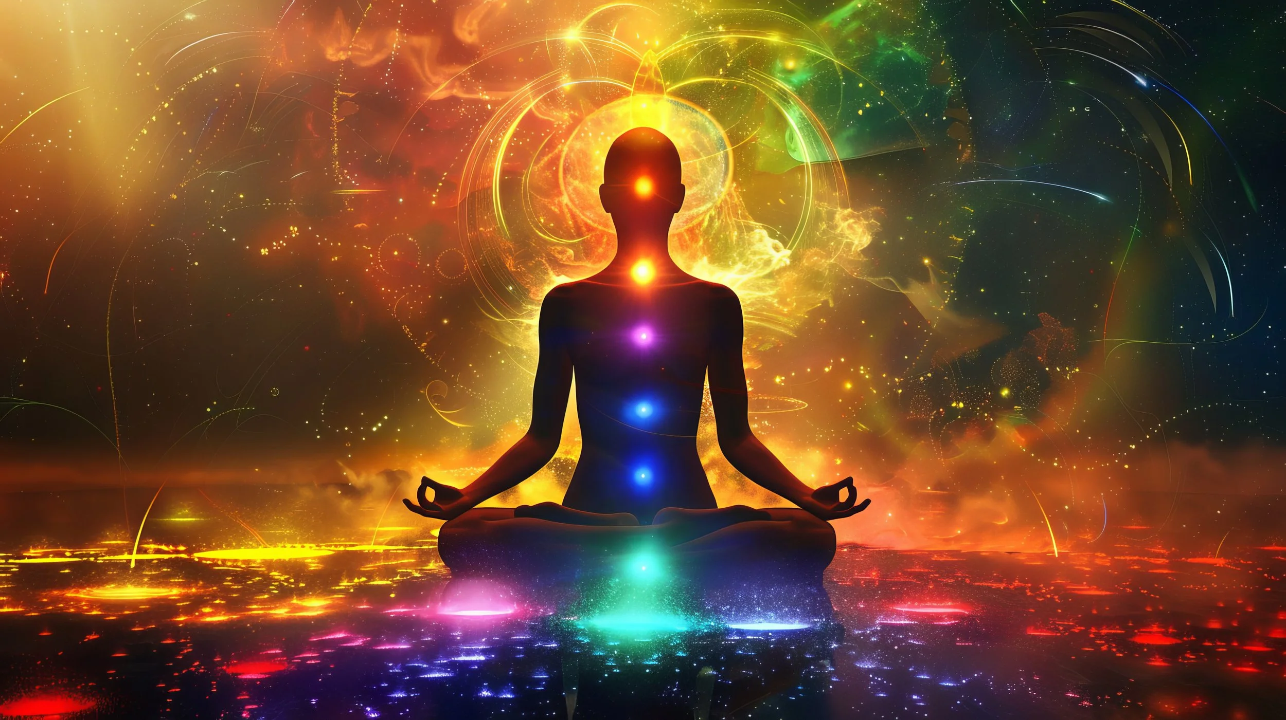 A person in a meditative pose with chakra points illuminated along the body, surrounded by a cosmic background with bright colors, stars, and light effects.