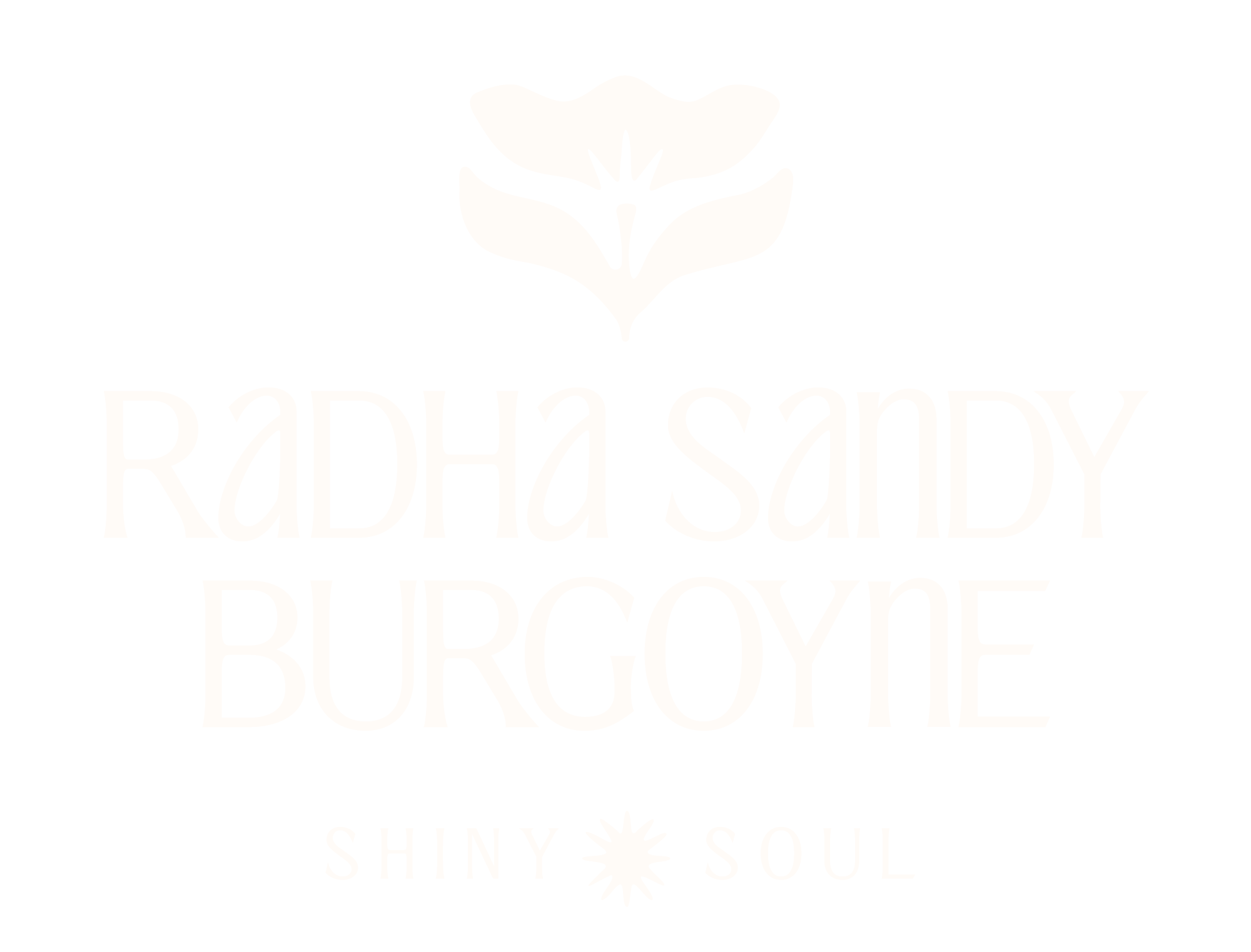 The image features a black background with white text that reads 'RADIA SANDY PURGOVNE' with smaller text below that says 'SHINY SOUL' and a stylized flower or star symbol beneath.
