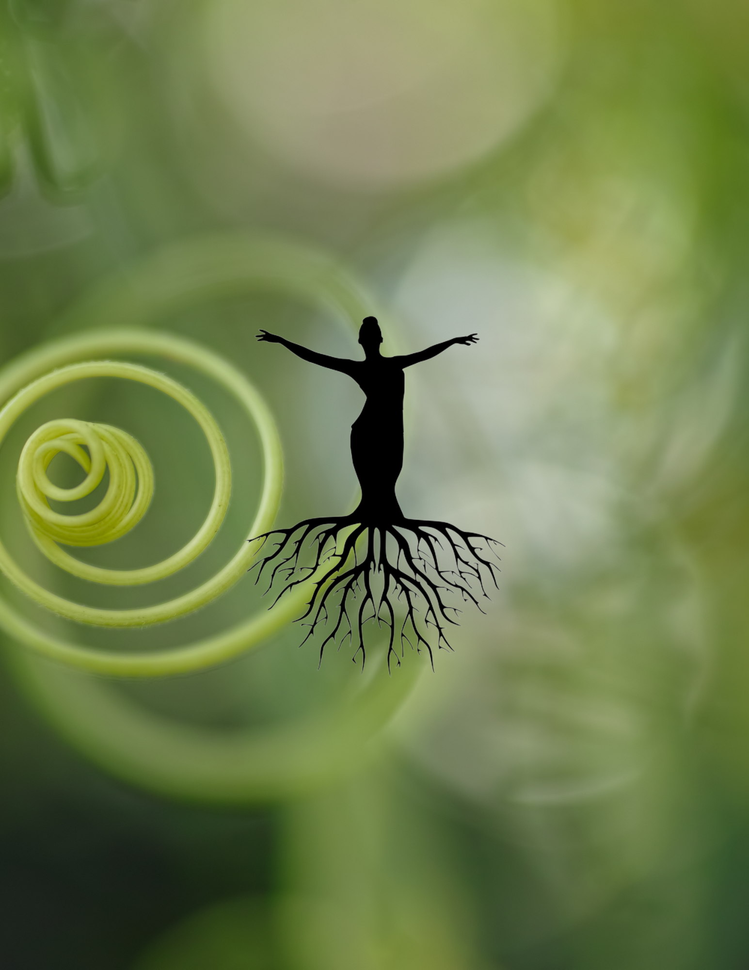 Silhouette of a woman standing with arms spread open, growing from tree roots, with a blurred green plant background.