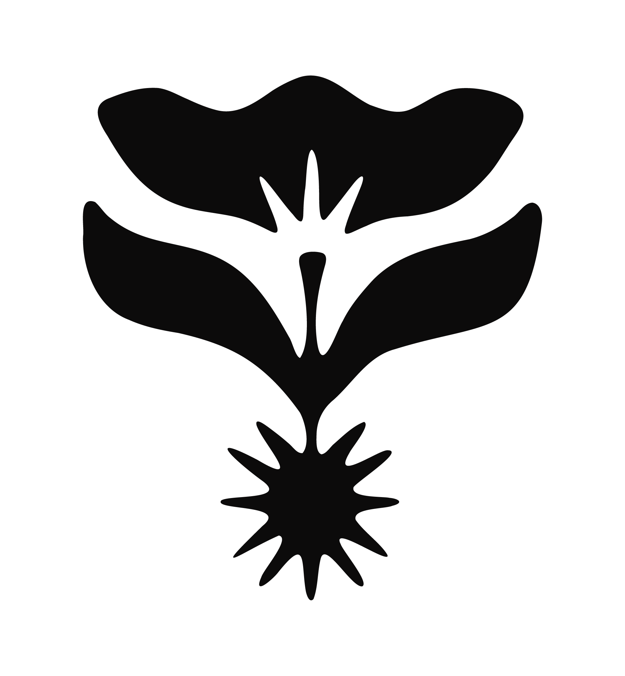 A black and white illustration of a rose with stylized petals and leaves