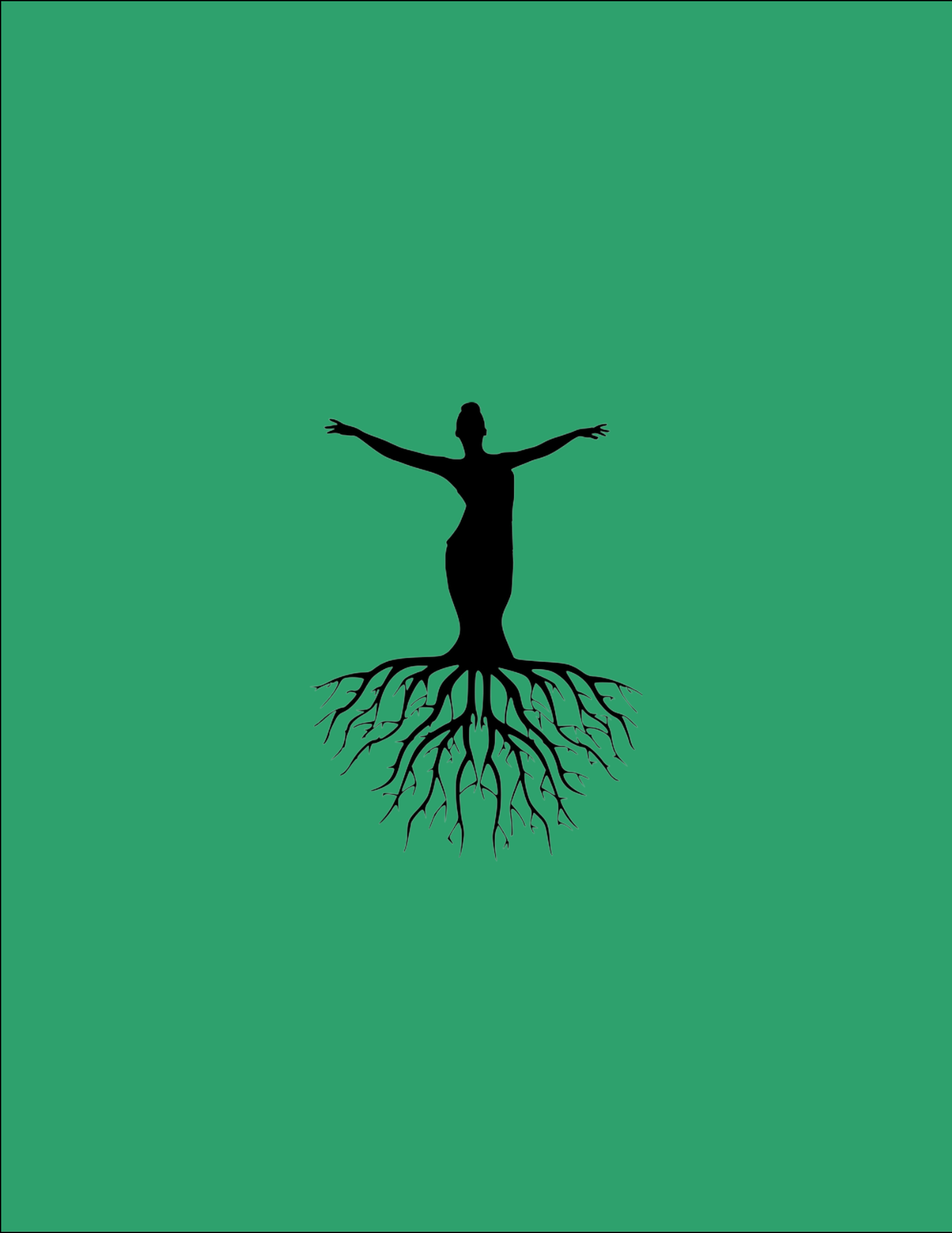 Silhouette of a woman with arms outstretched, standing on top of a tree with roots, set against a green background.