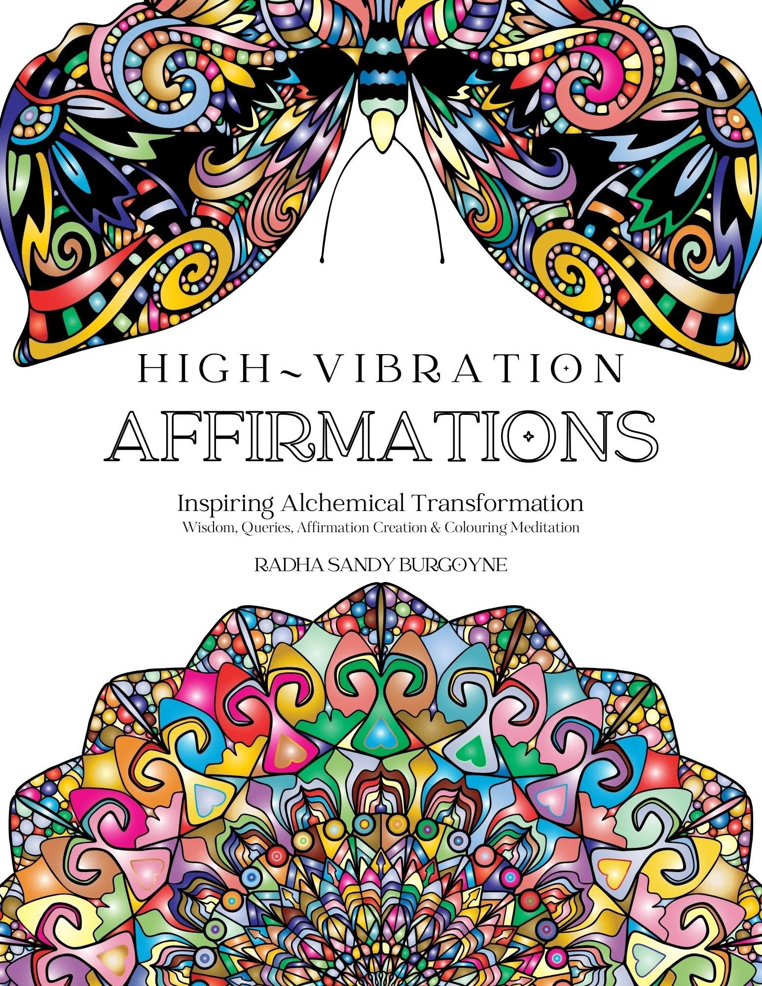 A colorful, intricate mandala design with swirling, symmetrical patterns and vibrant hues of pink, yellow, blue, green, purple, and orange. The design features various floral, geometric, and abstract motifs.