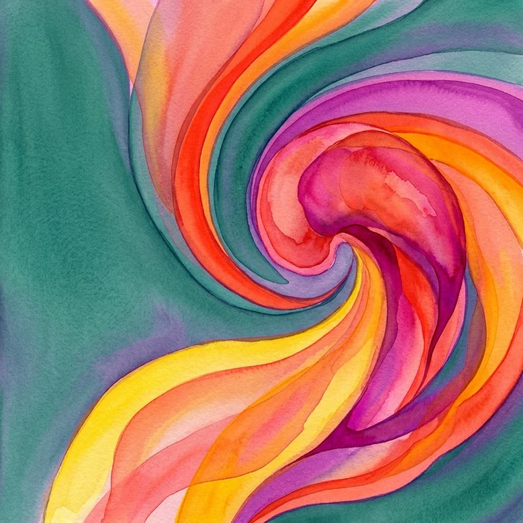 Abstract watercolor painting with swirling warm colors like pink, purple, yellow, orange, and red against a greenish background.