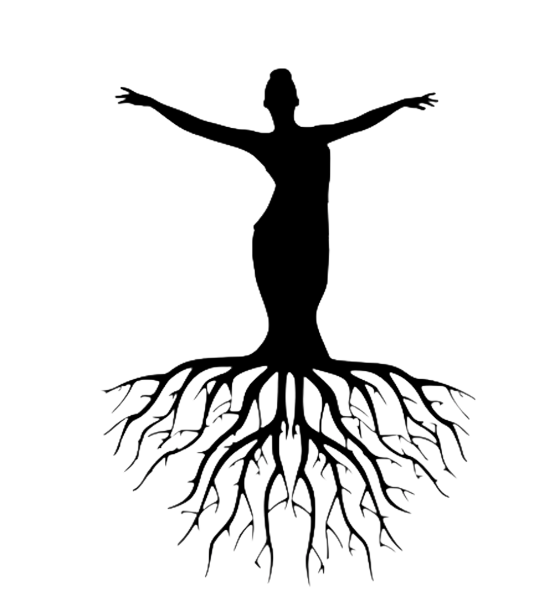 Silhouette of a woman with outstretched arms, standing on roots, against a bright background with horizontal lines and glitch effect.