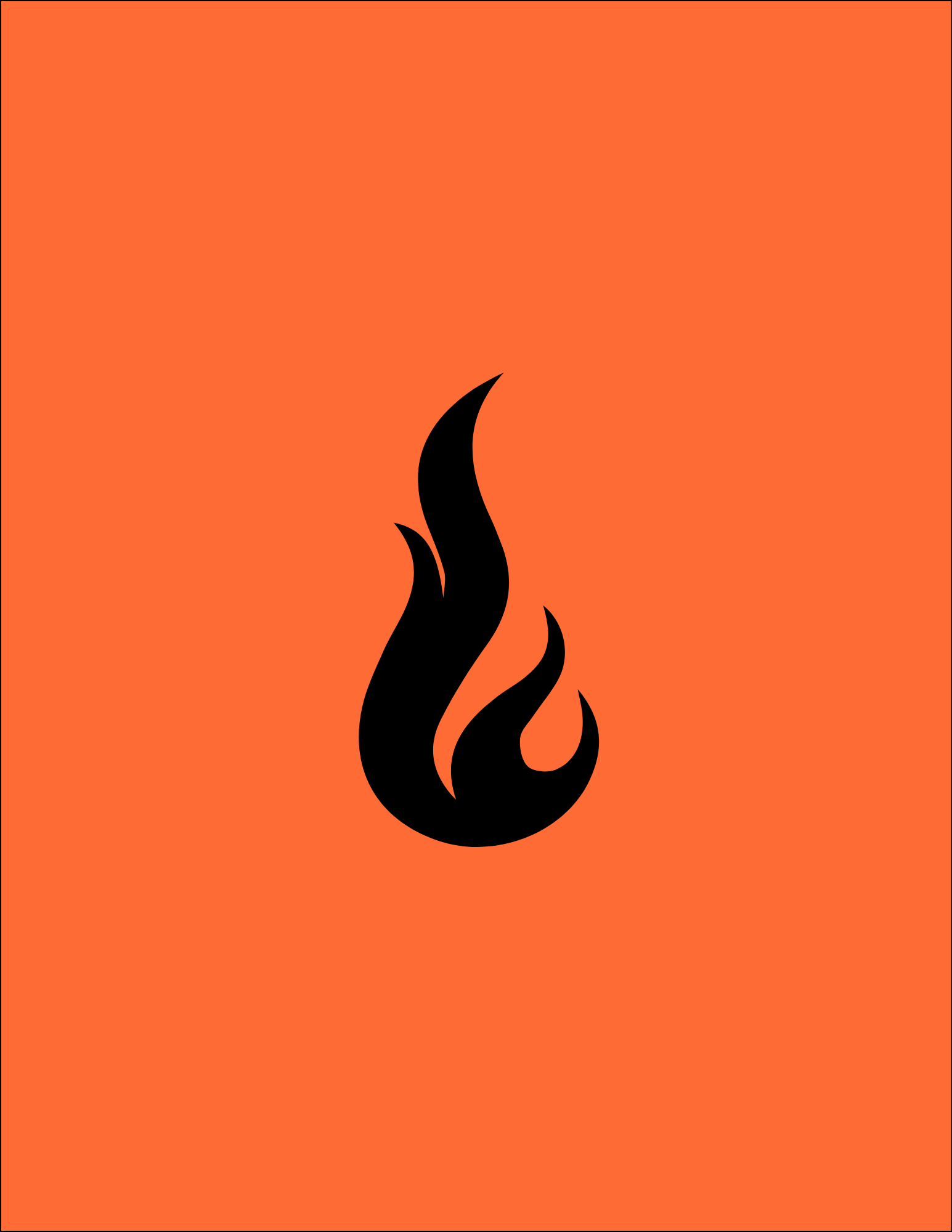 A black flame icon on an orange background.