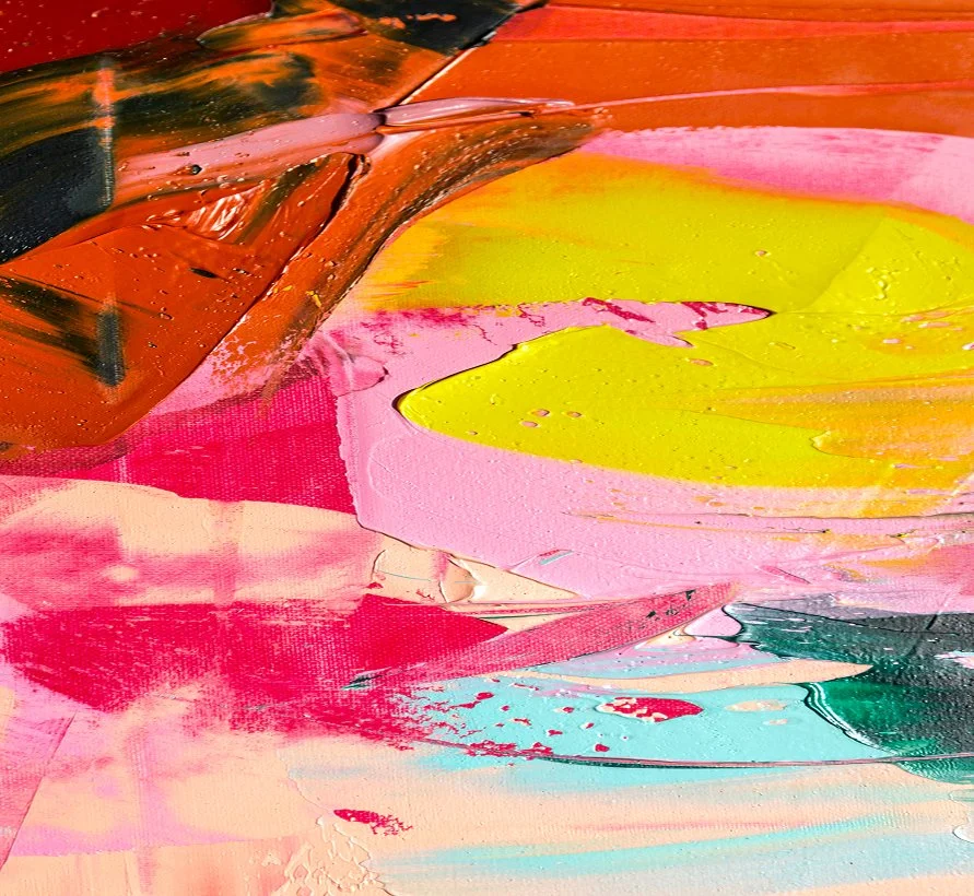Abstract painting with bold strokes of pink, yellow, orange, green, black, and blue colors.