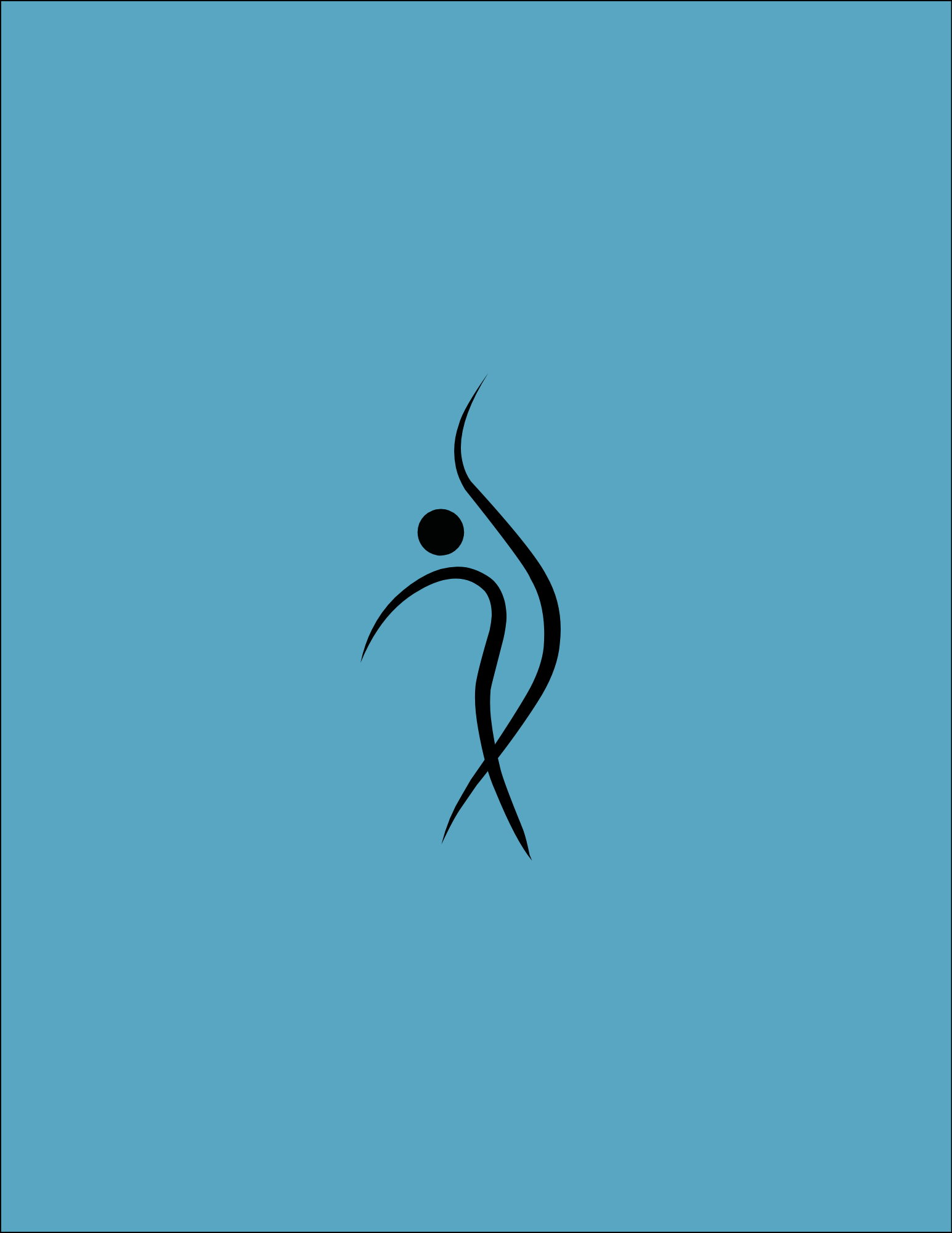 A minimalist line drawing of a woman in a dress with a swooping skirt, set against a solid blue background.