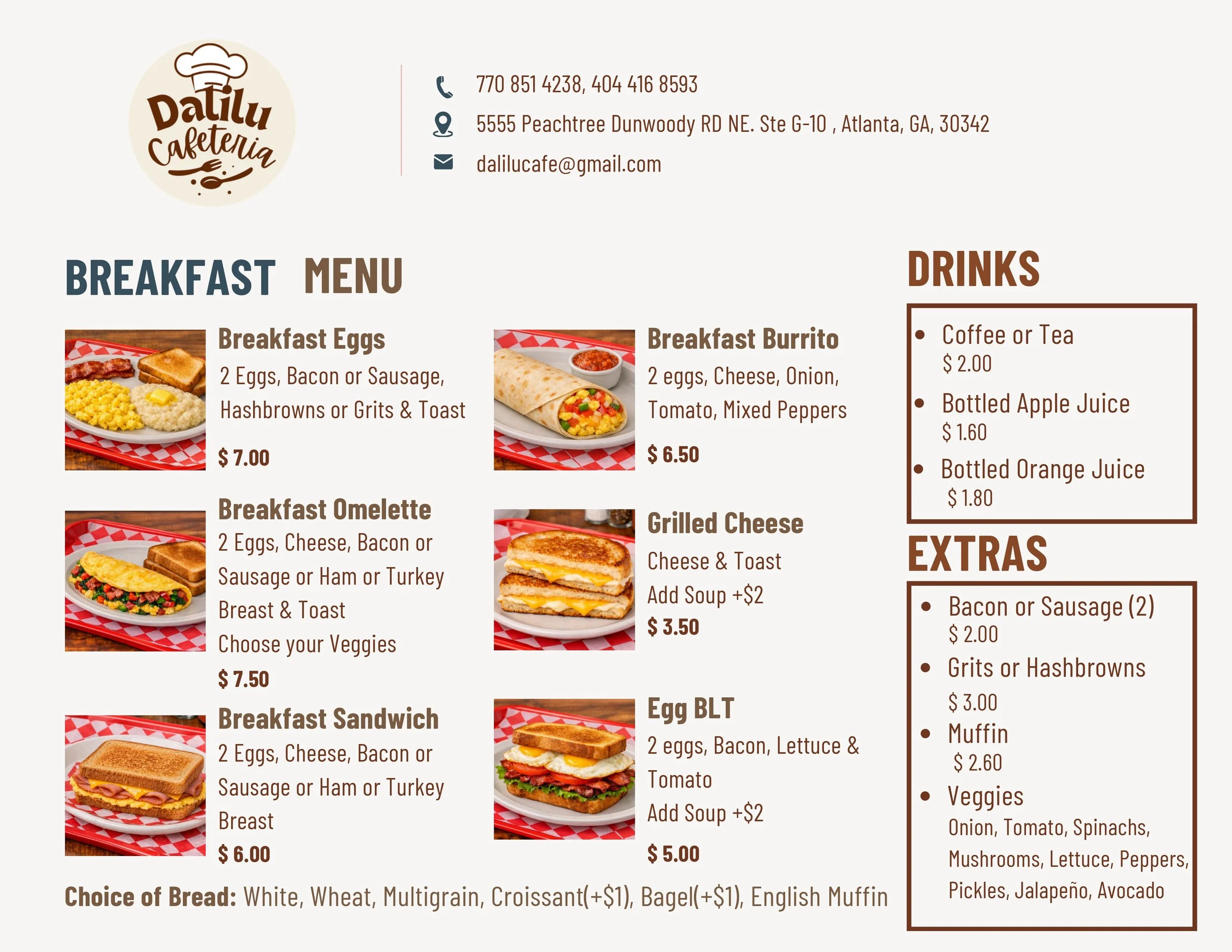A menu for a cafeteria featuring breakfast items, drinks, and extras with photos of breakfast dishes like eggs with bacon, breakfast burrito, omelette, sandwich, and egg BLT, along with drink options including coffee, tea, and juices.