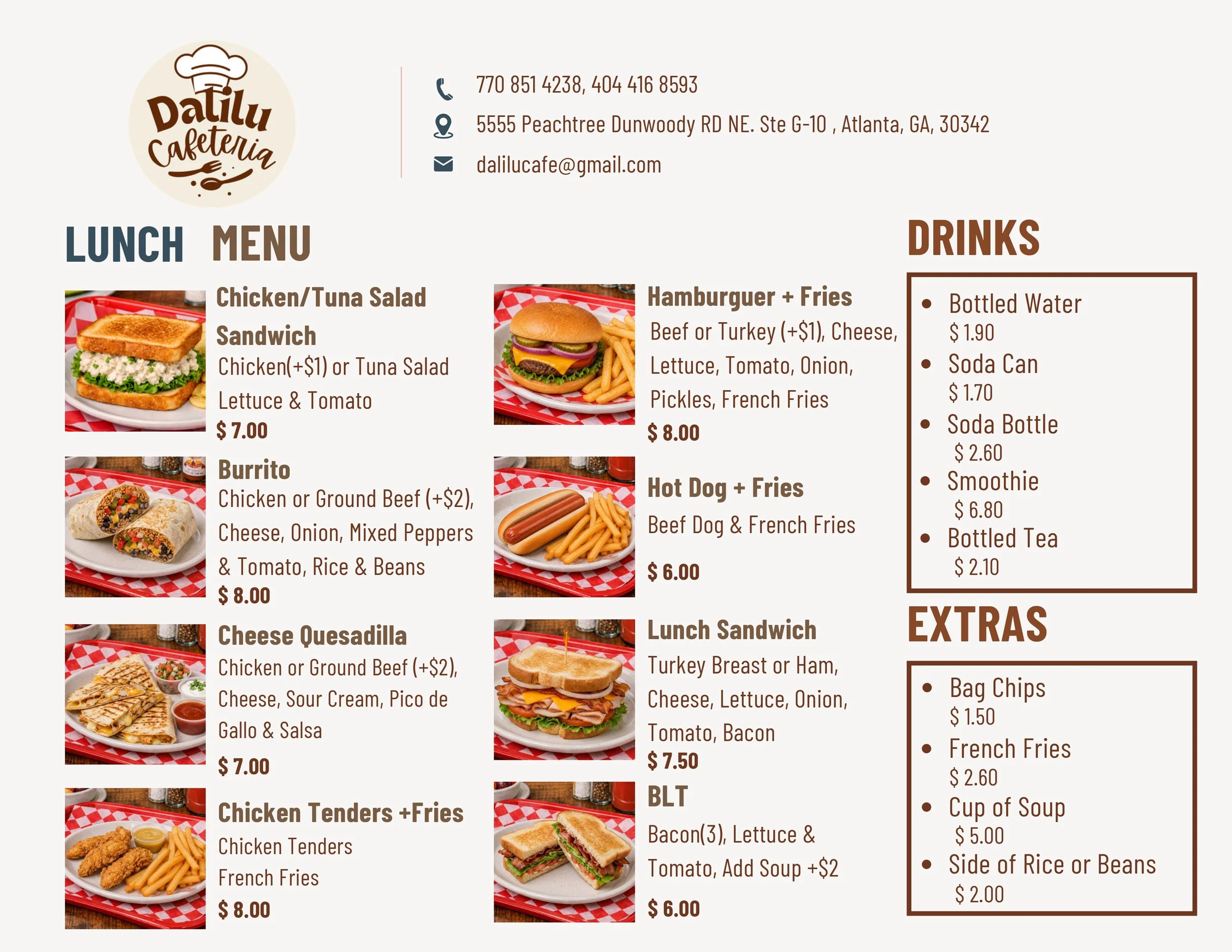 Lunch menu from Dalilu Cafeteria featuring chicken/tuna salad sandwich, hamburger with fries, burrito, chicken tenders with fries, hot dog with fries, and cheese quesadilla. Drinks include bottled water, soda, bottled tea, French fries, bag chips, and soup.
