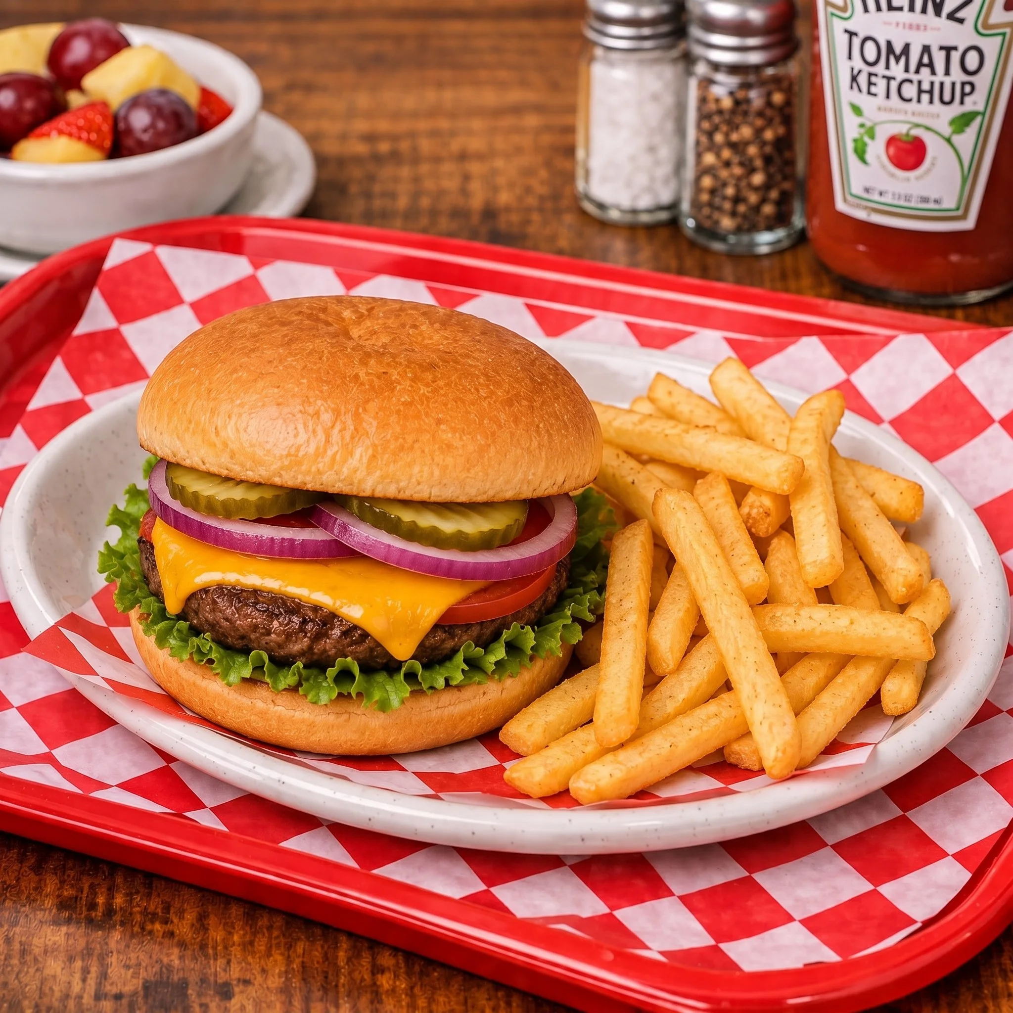A cheeseburger with lettuce, tomato, pickles, red onion, cheddar cheese, and a hamburger patty, served with French fries on a red and white checkered paper in a white bowl, with a bowl of mixed fruit, salt and pepper shakers, ketchup, on a wooden tab