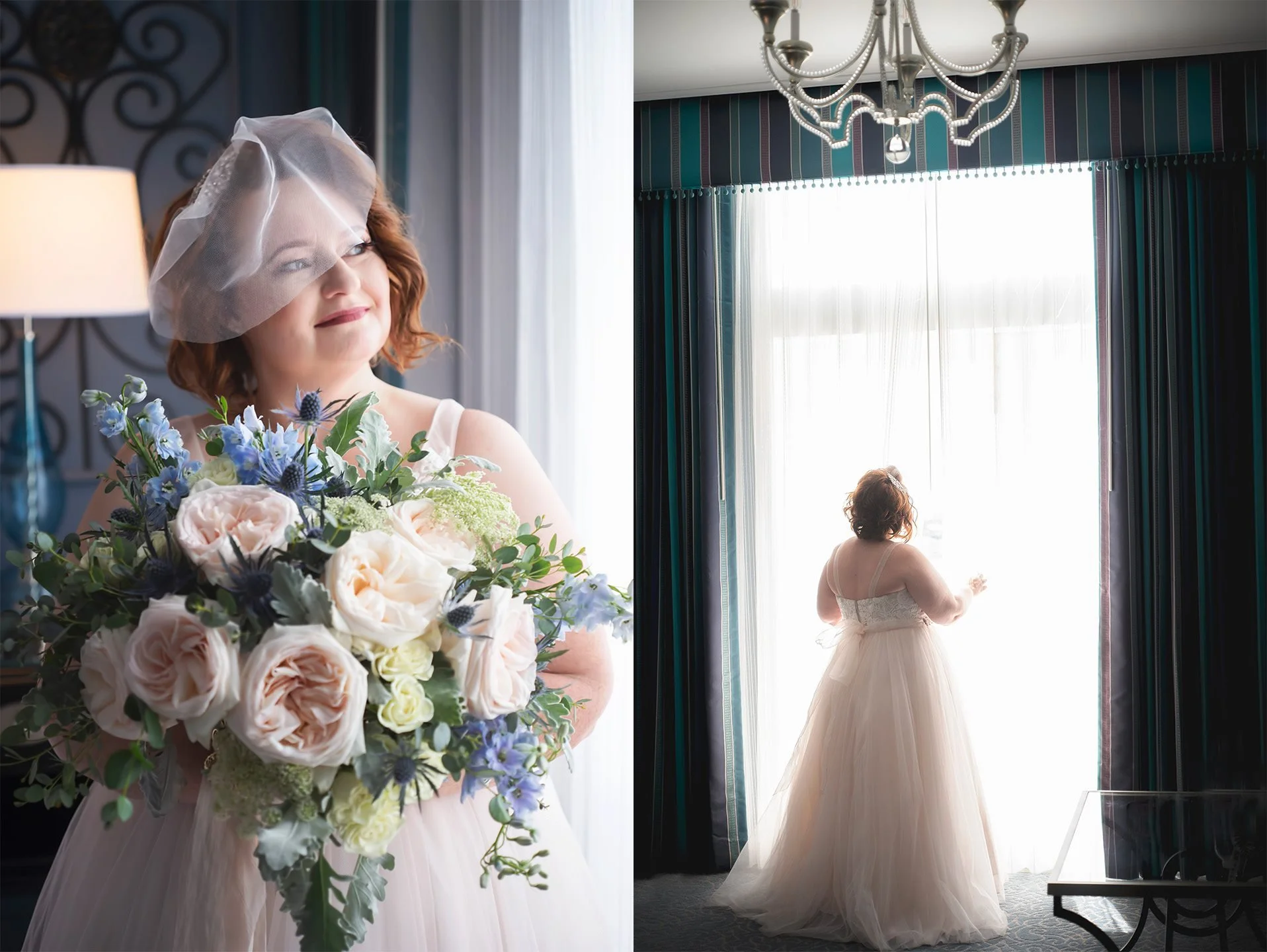 Side view of a smiling bride holding a bouquet of pink, purple, and cream flowers, wearing a veil, with a decorative wall and a lamp in the background on the left. On the right, a woman in a wedding dress stands near a large window with dark curtains