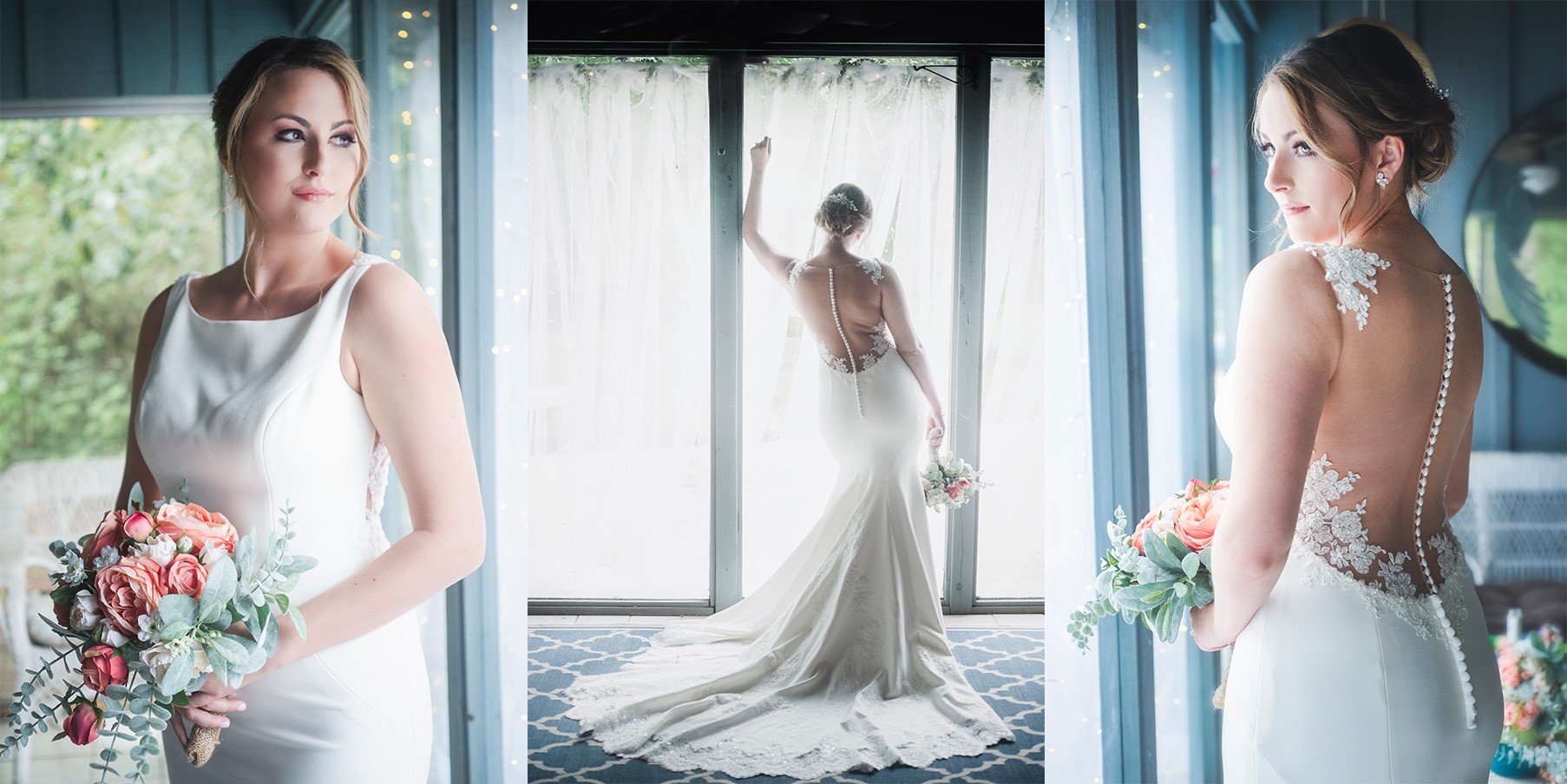 Three photos of a bride in a wedding gown with floral accents, holding a bouquet of pink and white flowers, standing in a blue room with large windows and natural light.