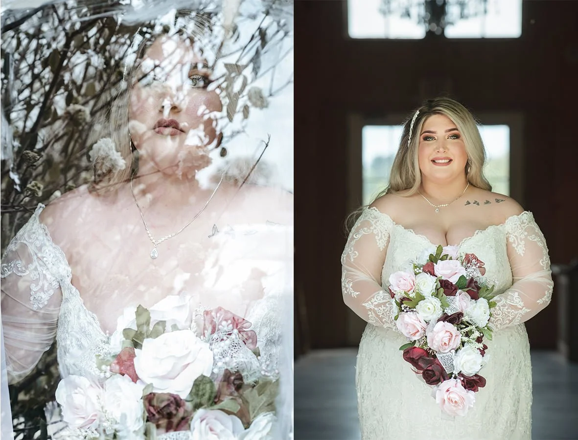 A bride in a white lace wedding dress holding a bouquet of pink, white, and burgundy roses, smiling indoors with windows behind her.