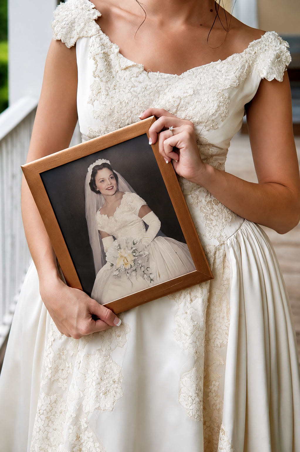 A woman in a vintage wedding dress holding a framed photograph of a bride in a wedding gown with bouquet, veil, and gloves.