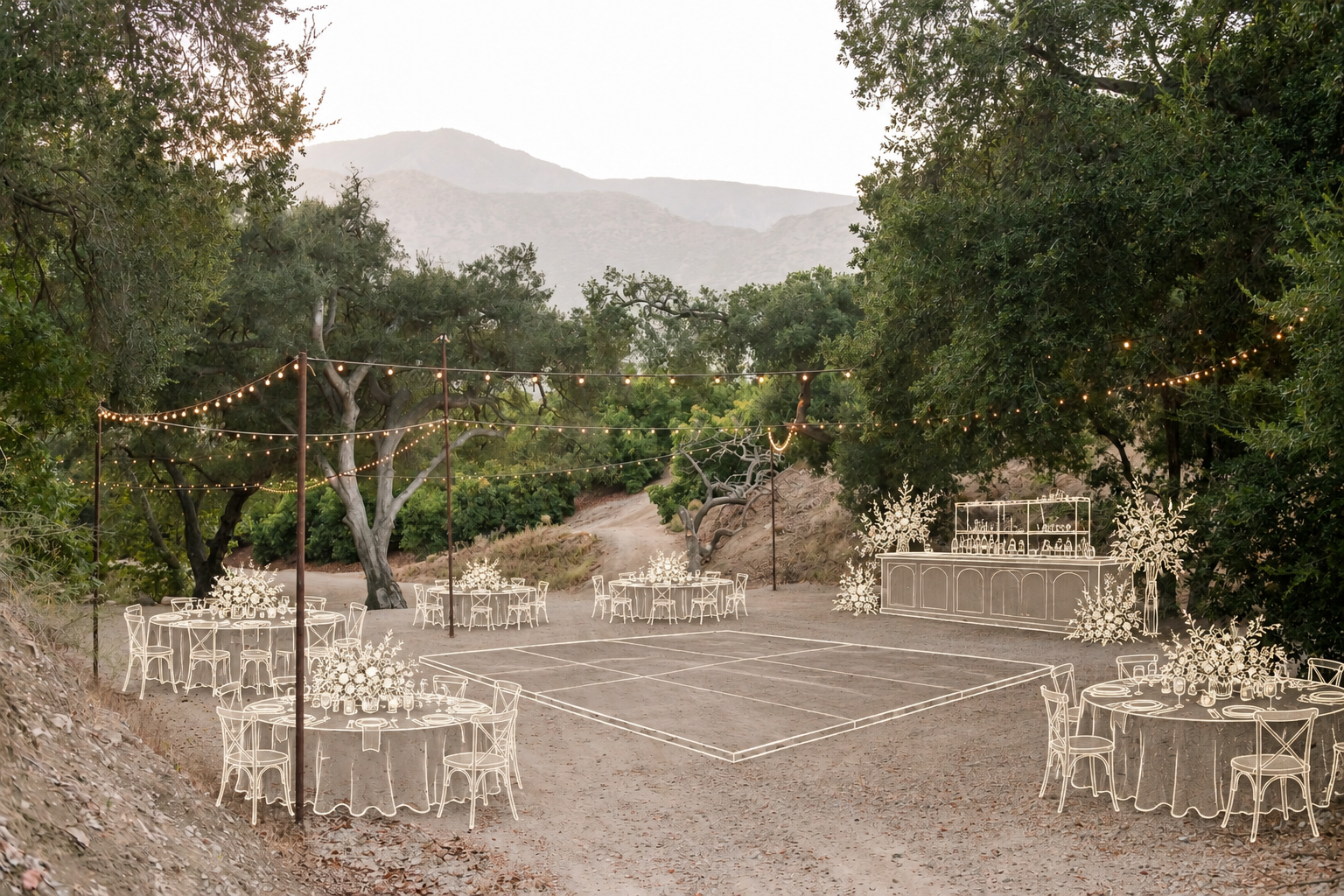 An outdoor wedding or celebration setup in a forest clearing with string lights, round tables with floral centerpieces, and a bar area, with mountain scenery in the background.