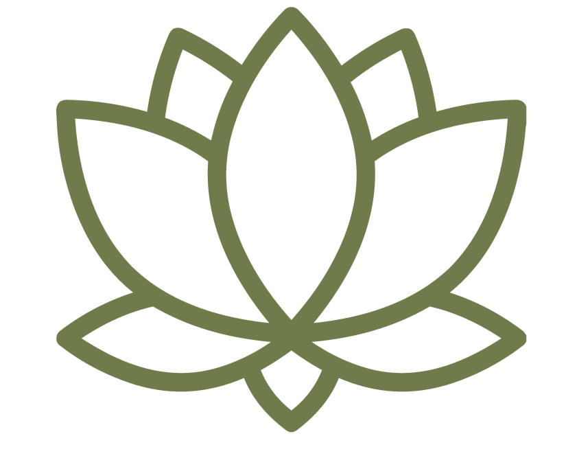 Minimalist outline of a lotus flower in olive green on a black background.
