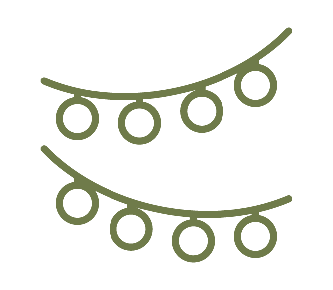 Illustration of two curved strings with circular ornaments hanging from them, in olive green color.