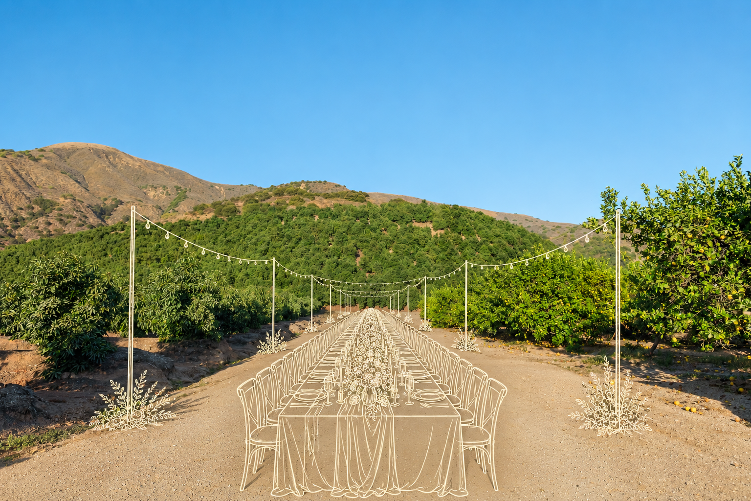 A scenic outdoor setting with a long banquet table outlined in white sketch style, decorated with flowers and candles, set on a dirt path surrounded by green trees and hills, under a clear blue sky.