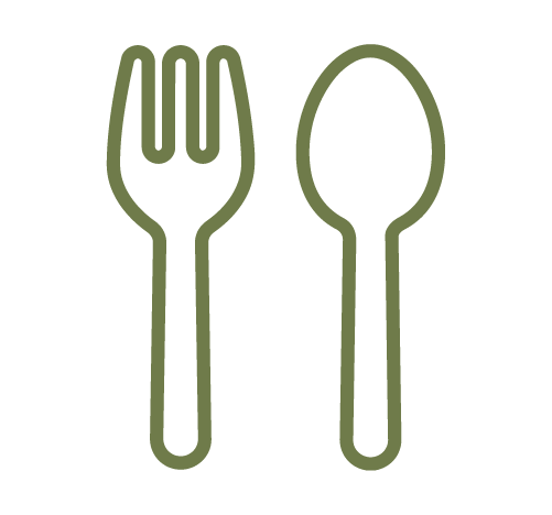 Outline of a fork and spoon side by side on a black background.