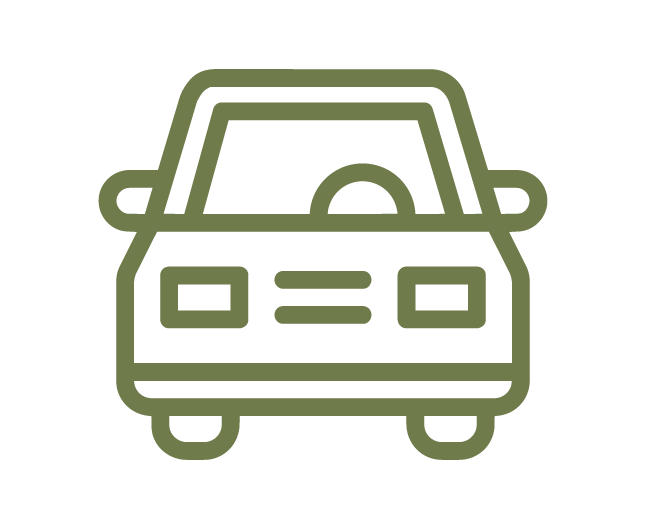 Line drawing of a front view of a car, with a green outline on a black background.