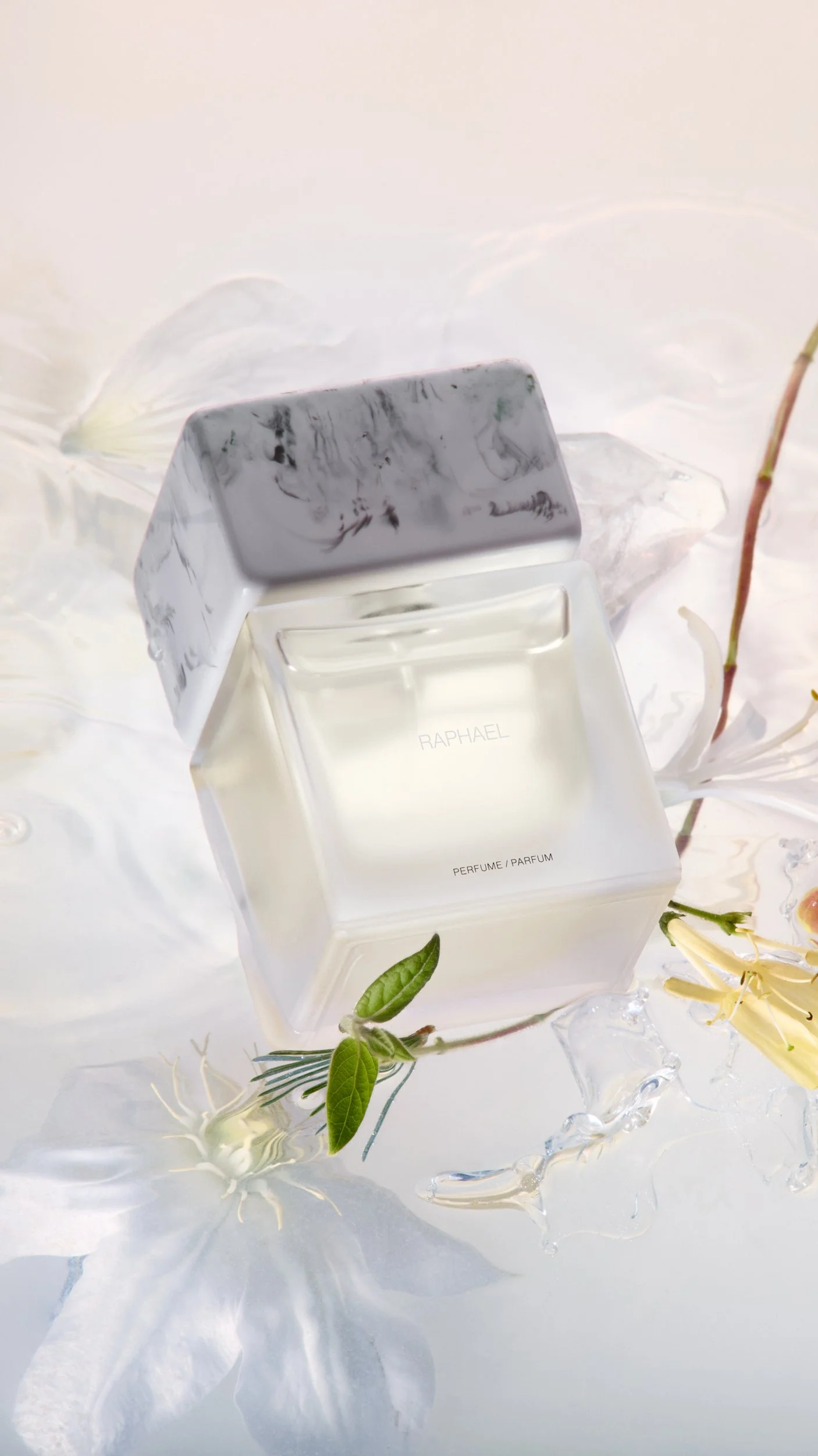 A bottle of perfume labeled 'Raphael,' situated among white flowers and ice, with a clean, minimalistic background.