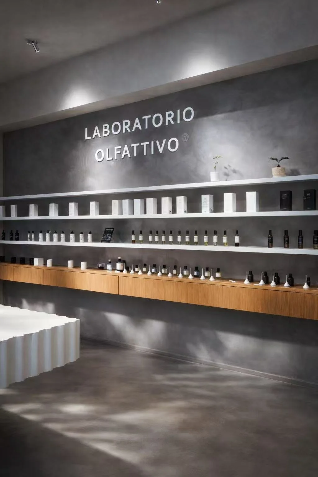 Display of essential oils or perfume bottles on white and black shelves at a modern sensory laboratory or perfume shop with the sign "Laboratorio Olfattivo" on the wall.