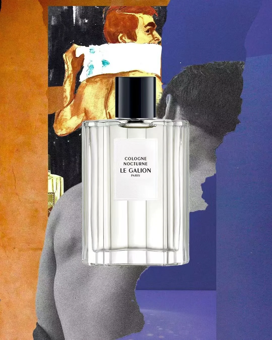 A bottle of Le Galion Cologne Nocturne placed in front of a collage featuring a painted woman in black and white, and a black and white portrait of a woman with a background of orange and blue colors.