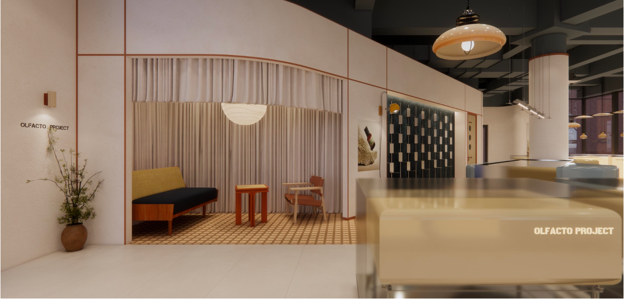 Interior of a modern cafe with a seating area featuring a sofa, a small table, and a chair. There are decorative elements like artwork, a potted plant, and lighting fixtures, with the text 'OLFACTO PROJECT' visible on the cafe counter and a wall.
