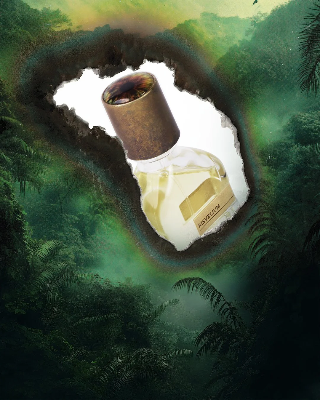 A jungle scene with a large, irregular hole in the ground revealing a bottle with a brown cap, labeled 'Risvelium' inside the hole.