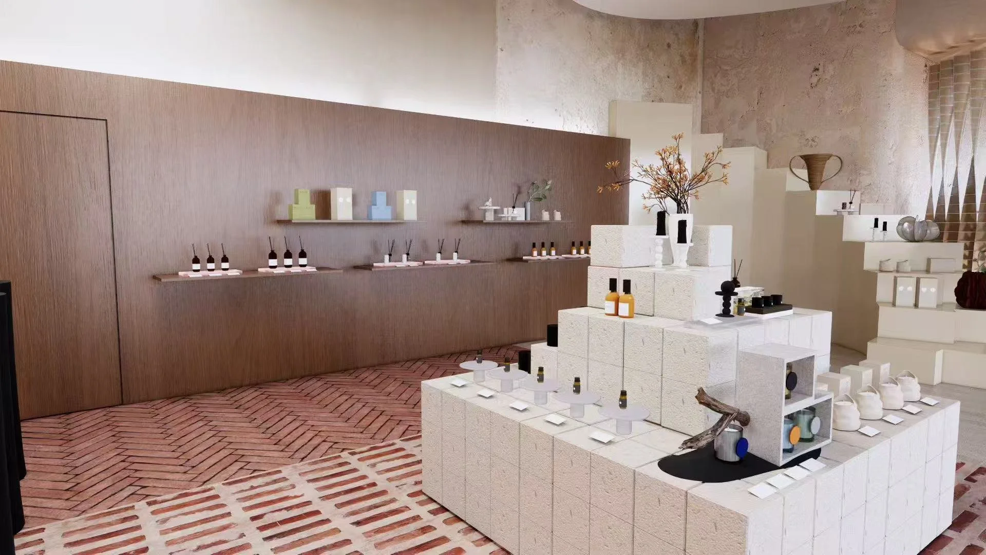 Interior view of a boutique or display area with shelves and stacks showcasing various cosmetic or skincare products. The space has a modern design with a mix of wood, brick, and stone textures, and minimalist decor.
