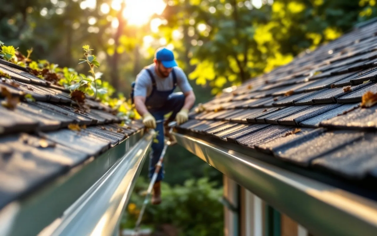 Man wearing a blue cap, jeans, and a gray t-shirt working on a house roof in the sunlight, using a measuring tape.
