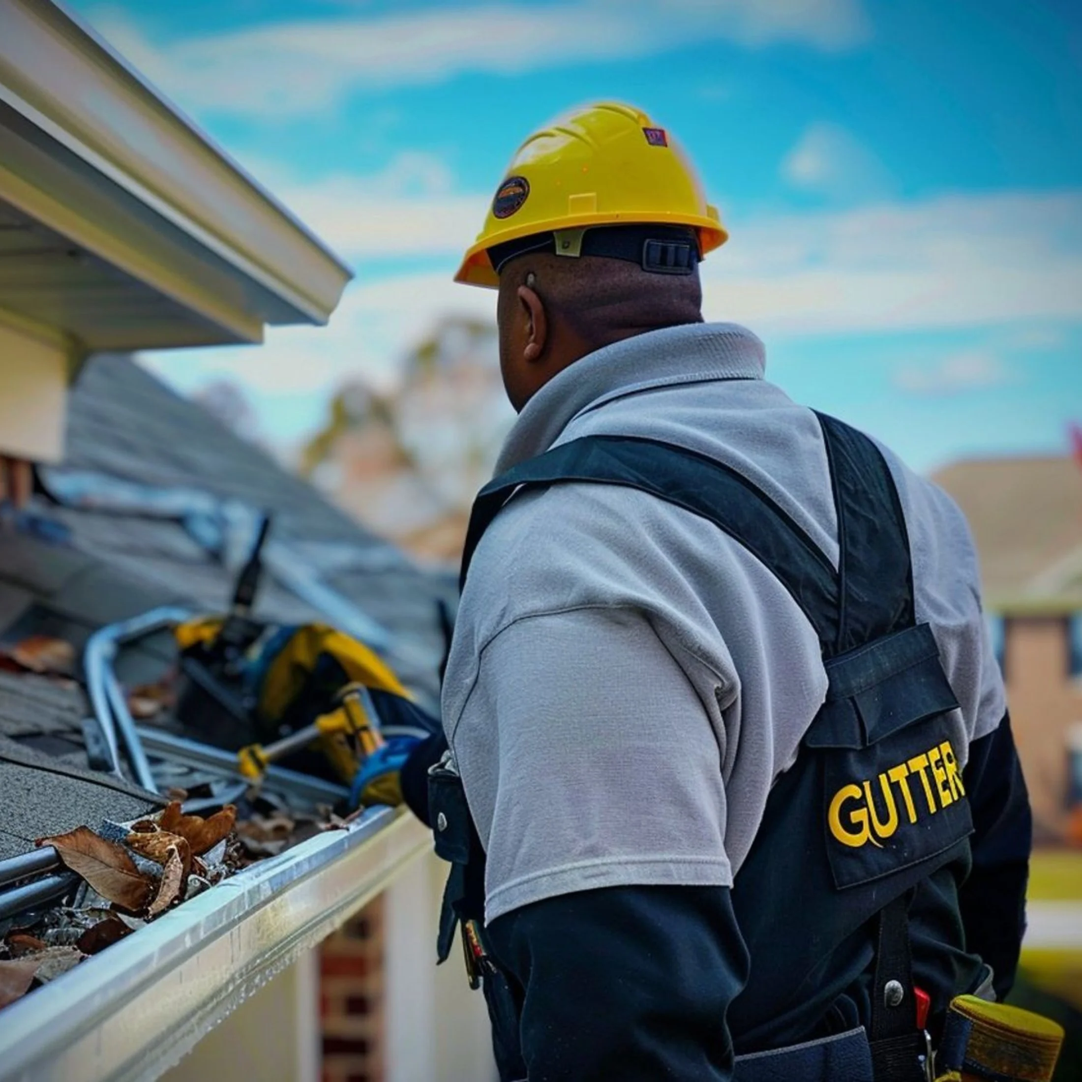 A person wearing a yellow construction helmet and gray hoodie working at a leaf shredder, which is shredding fallen brown leaves outside on a sunny day.