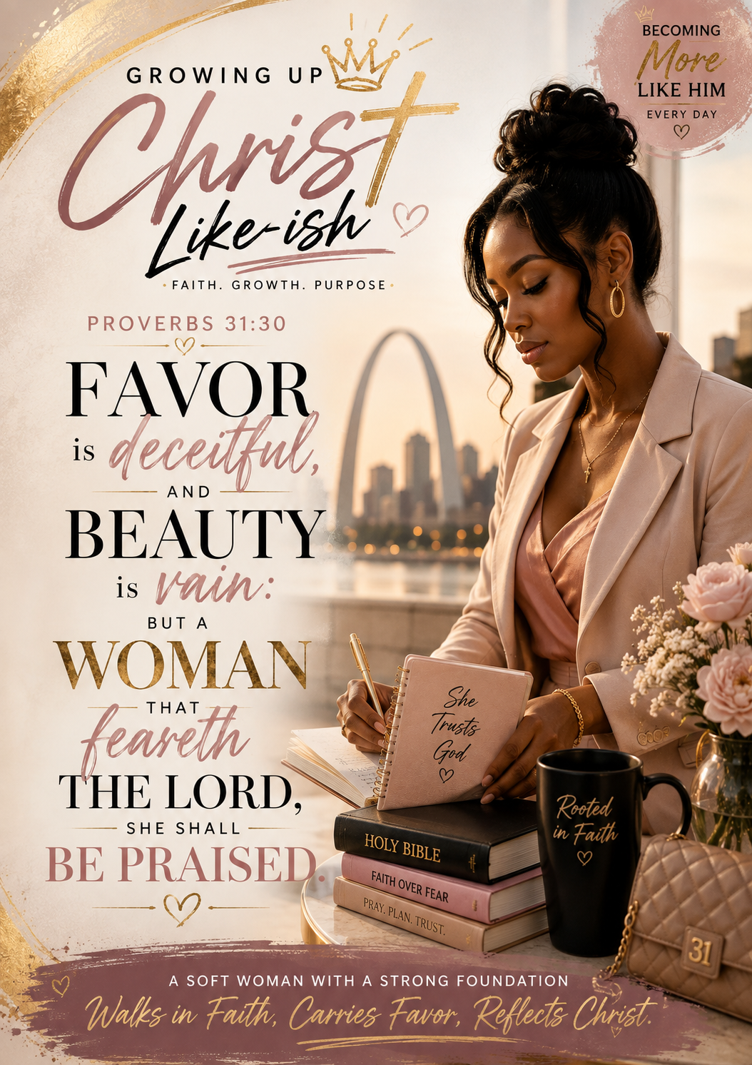 A woman sitting by the river at sunset, holding a notebook that says 'She Trusts God.' There are books on her table, a black mug reading 'Rooted in Faith,' and a file of pink flowers, with a cityscape including the Gateway Arch in the background.