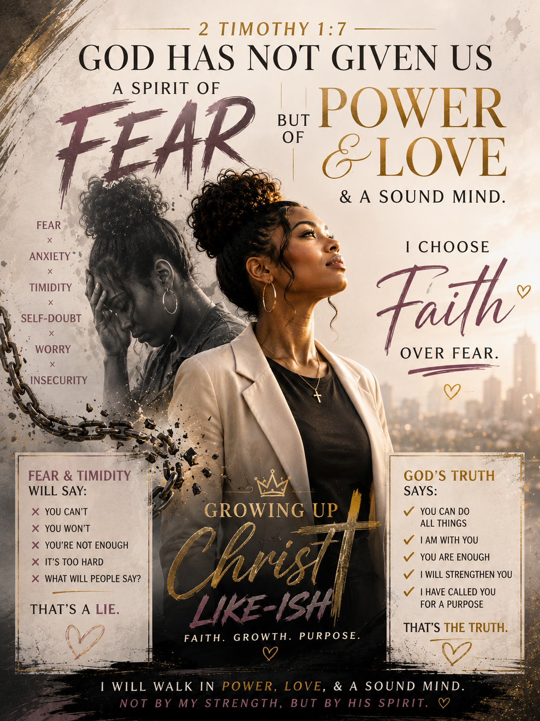 Inspirational poster with a woman looking upward in the foreground and a woman holding her head in distress behind her. The background shows a city skyline at sunset. The text emphasizes faith over fear, with sections on fear and God's truth, and themes of growth, faith, and purpose.