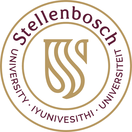 The emblem of Stellenbosch University featuring the university's name in multiple languages, with a central stylized logo in gold.