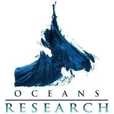 A stylized blue whale with a splash of water, above the text 'Oceans Research'.