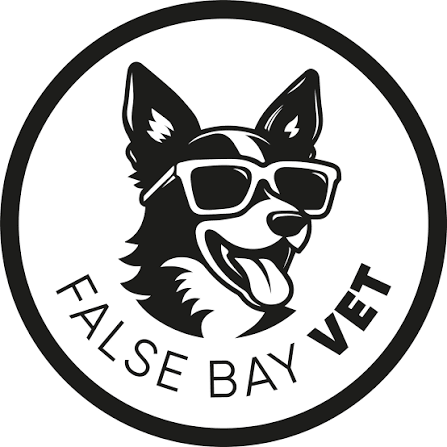 A circular logo with a cartoon dog wearing sunglasses, with the text 'FALSE BAY VET' underneath.