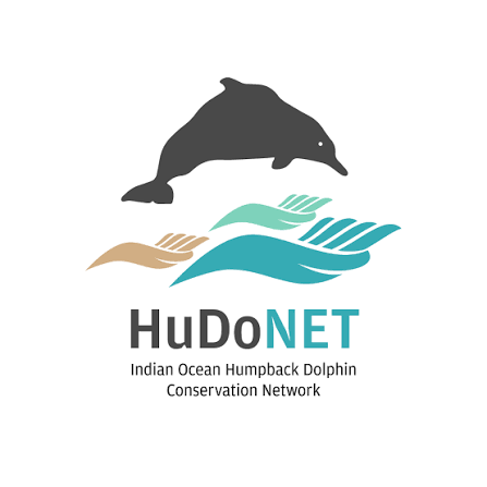 A logo for HuDoNET featuring a dolphin above stylized waves with text indicating Indian Ocean Humpback Dolphin Conservation Network.