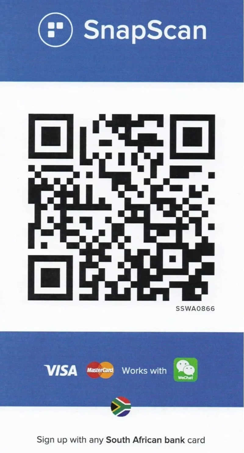 A QR code for SnapScan mobile payment app; includes payment options Visa, MasterCard, and WeChat; South African flag; invitation to sign up with any South African bank card.