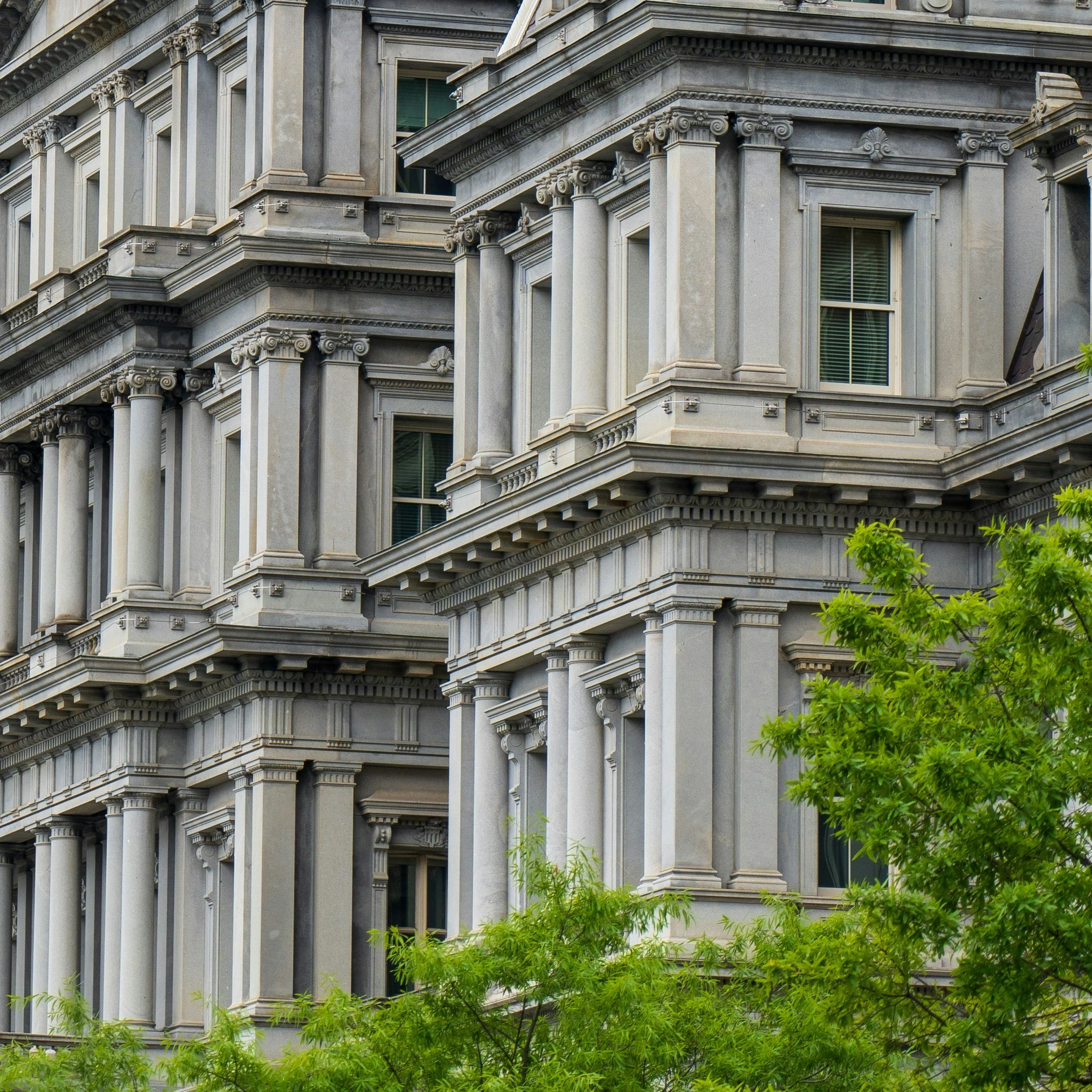 Corner of a historic stone building with elaborate classical architectural details, including columns, cornices, and window frames, partially obscured by green tree foliage.