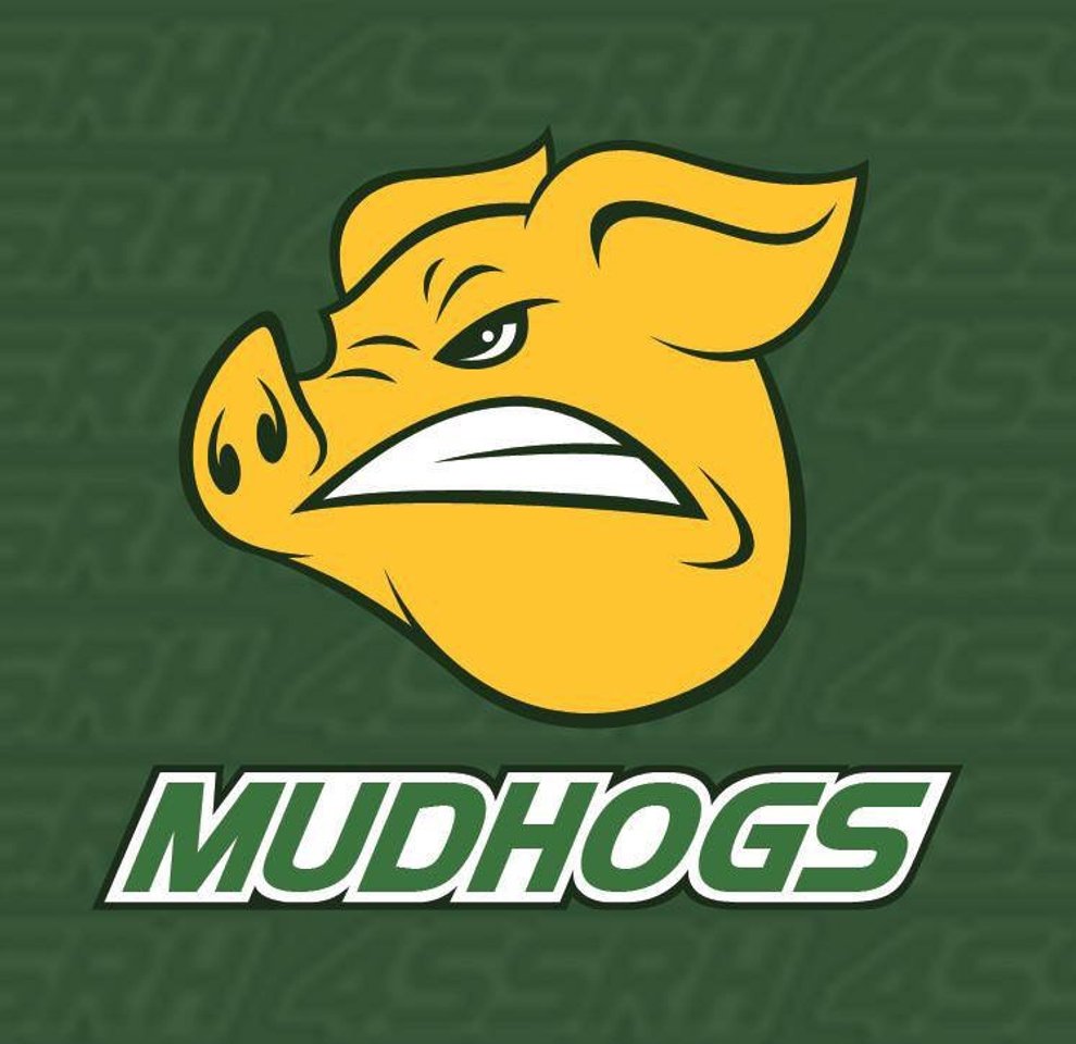 A logo featuring an angry cartoon pig with a yellow face and snarling expression, accompanied by the word 'MUDHOGS' in bold white and green letters on a green background.