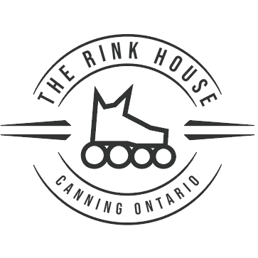Logo for The Rink House in Canning, Ontario, featuring a stylized roller skate with circular wheels and dynamic lines.