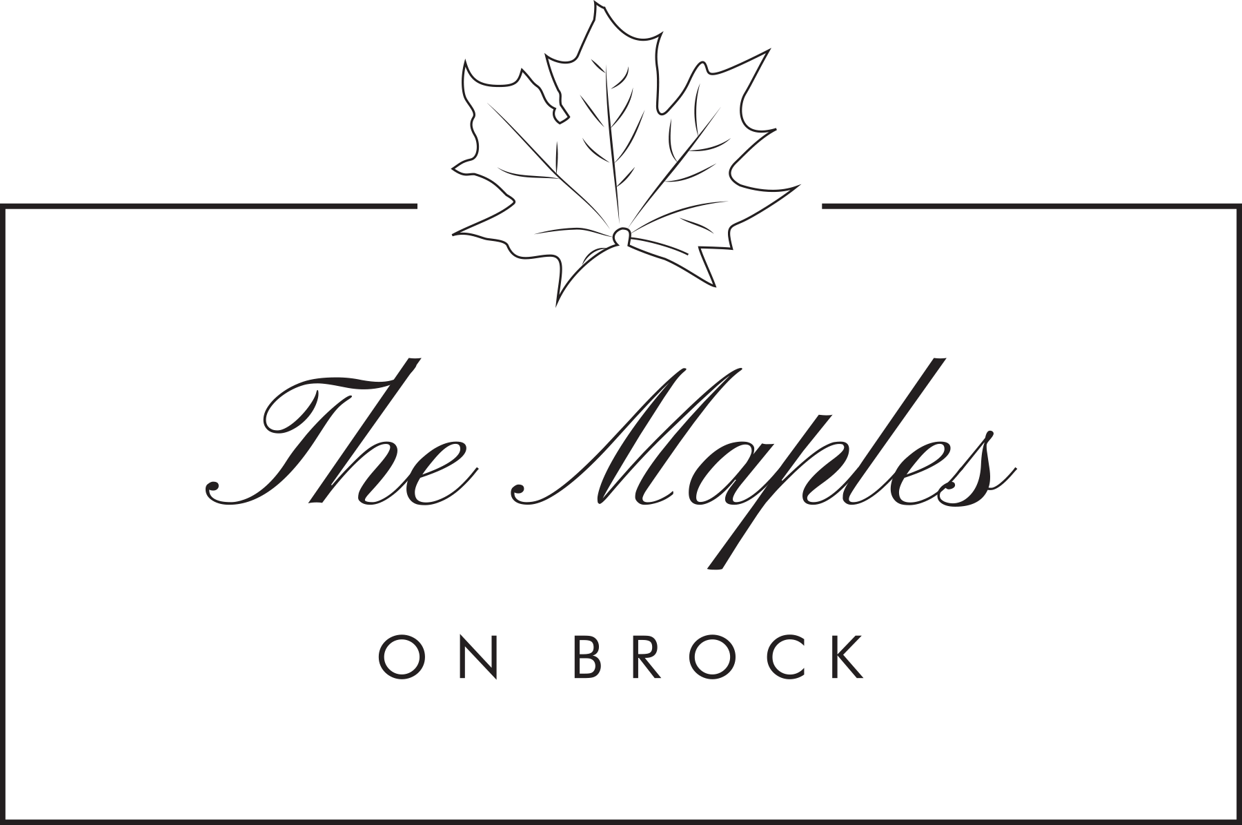 A logo featuring a maple leaf illustration above the text 'The Maples' in elegant script, with 'ON Brock' written below in a simple, capitalized font.
