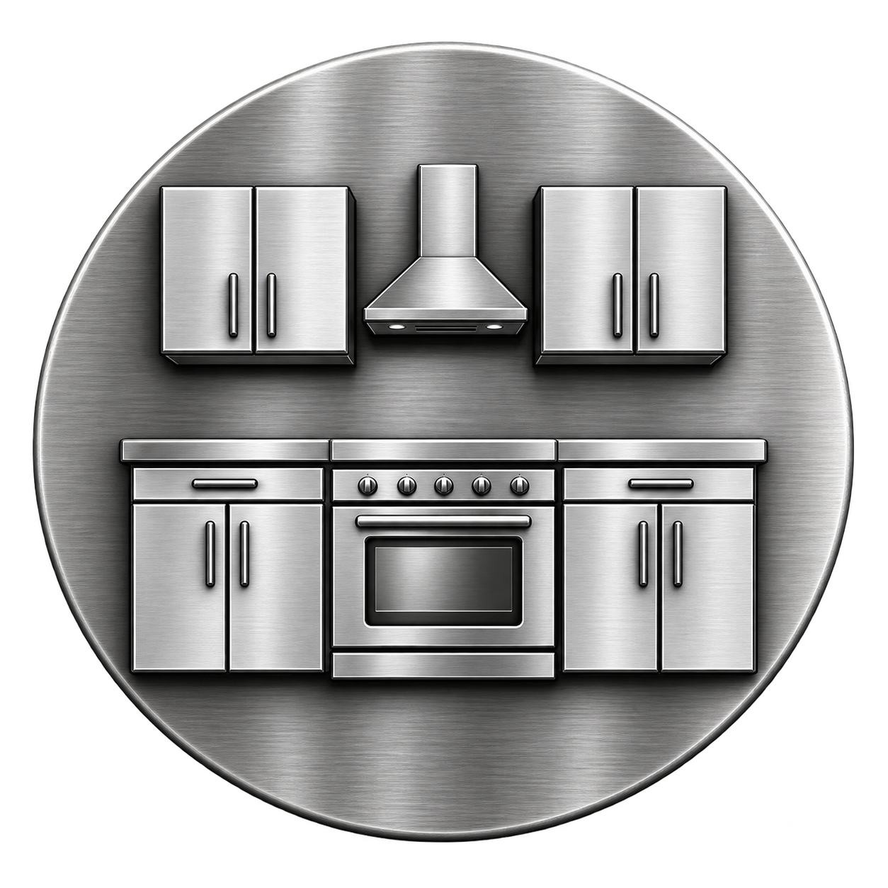 Ilustração de uma cozinha moderna em estilo metálico com fogão no centro, duas gavetas e três armários acima do fogão, tudo em acabamento de aço escovado.