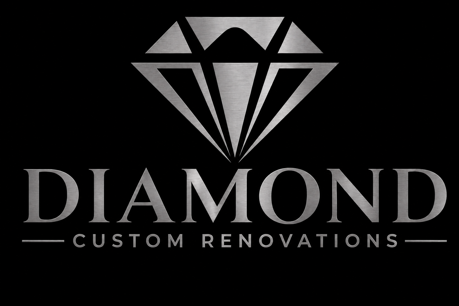 Logotipo de uma empresa de reformas personalizadas com um diamante estilizado em tons de prata e fundo preto, com o texto 'DIAMOND' em destaque e 'CUSTOM RENOVATIONS' abaixo.