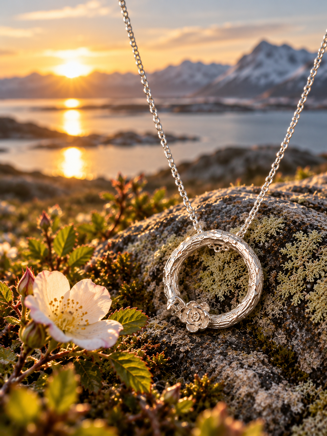 Sølvrose ved fjorden i solnedgang.png