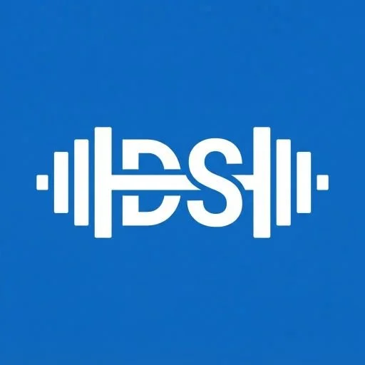 Logo with the letters D and S in white, flanked by barbell icons on a blue background.