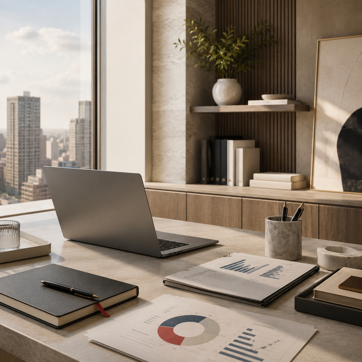 Office desk with a laptop, documents, a notebook, pens in a marble cup, and a glass of water, with city buildings visible through a large window.