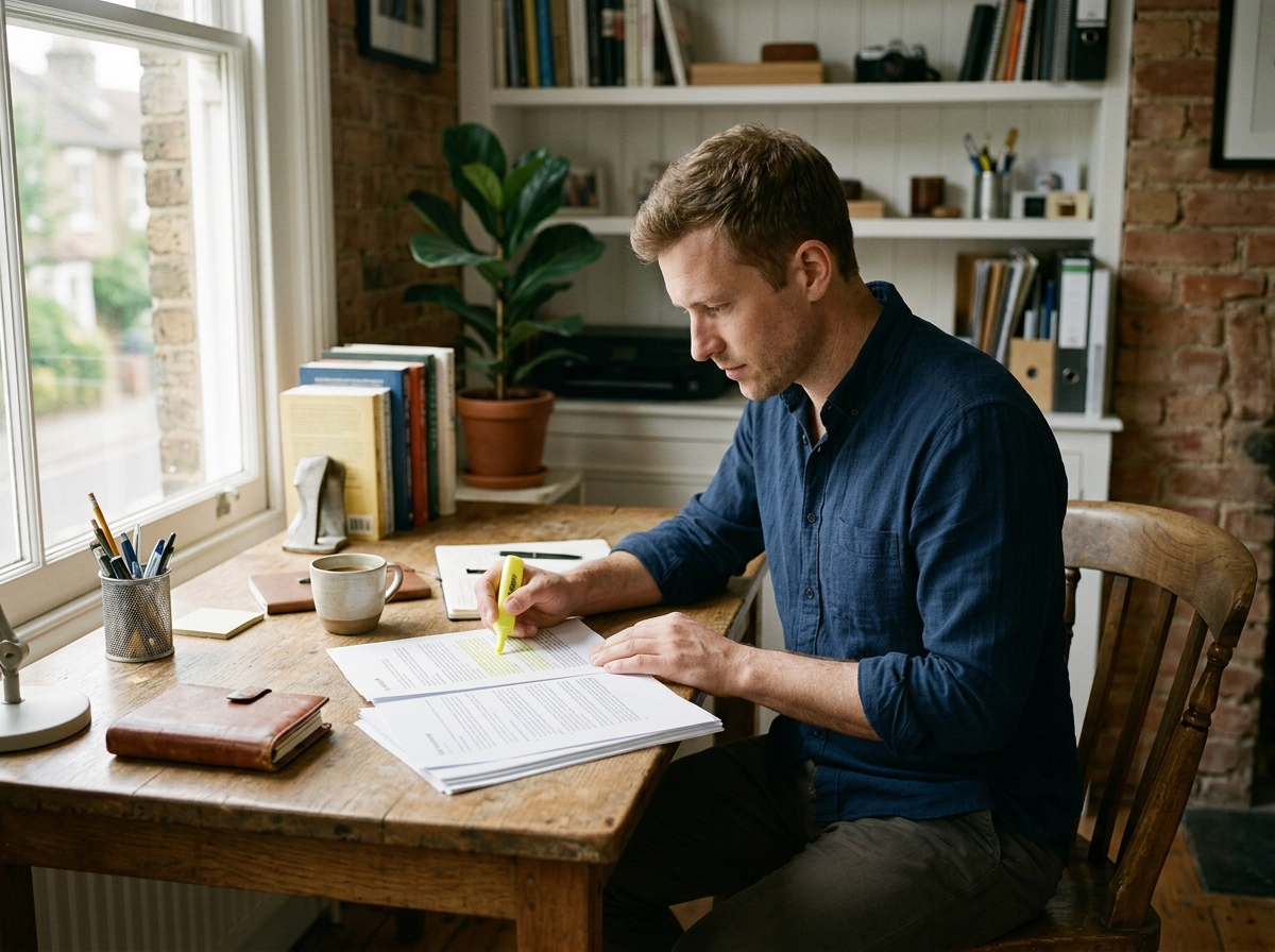 A man sitting at a wooden desk in a cozy home office, reviewing documents with a highlighter in hand, near a window with natural light, surrounded by books, a potted plant, and office supplies.
